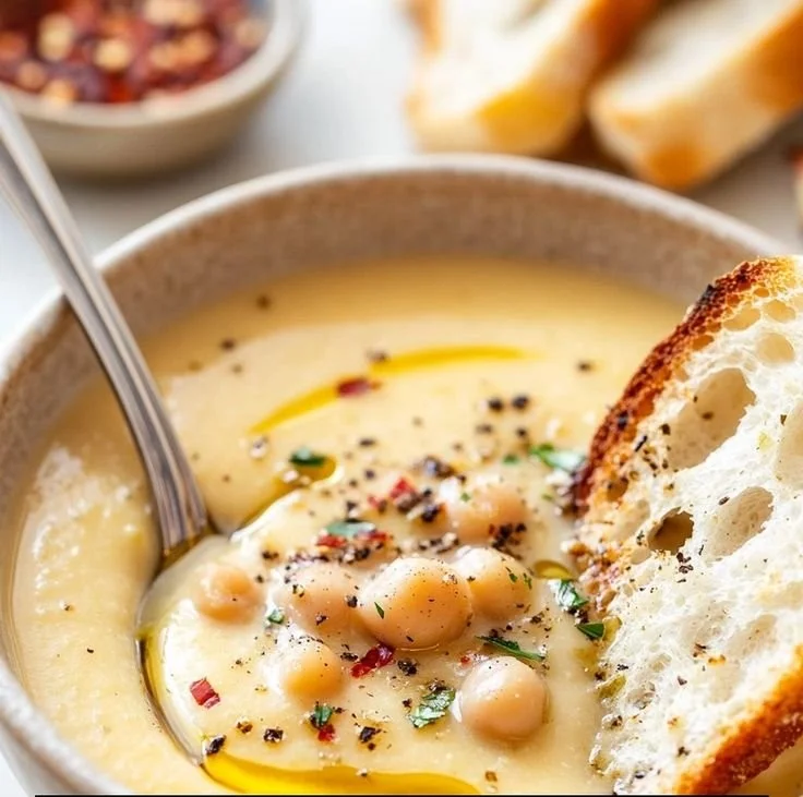 Bowl of creamy garlic chickpea soup garnished with herbs and served with bread