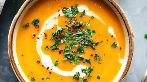 Bowl of easy butternut squash and sweet potato soup garnished with herbs