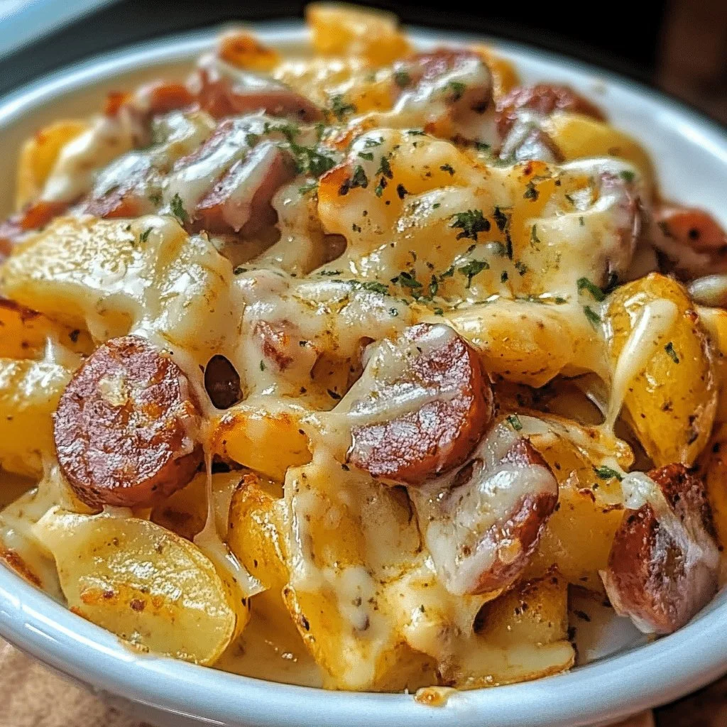 Delicious Cheesy Ranch Potatoes served with smoked sausage
