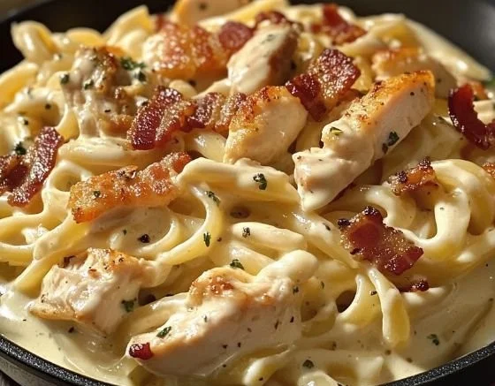 Creamy Chicken Bacon Ranch Pasta served in a bowl with ingredients displayed