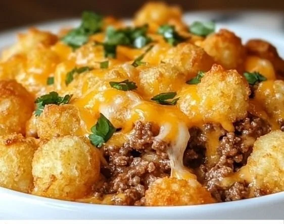 Delicious homemade Tater Tot Casserole served in a baking dish